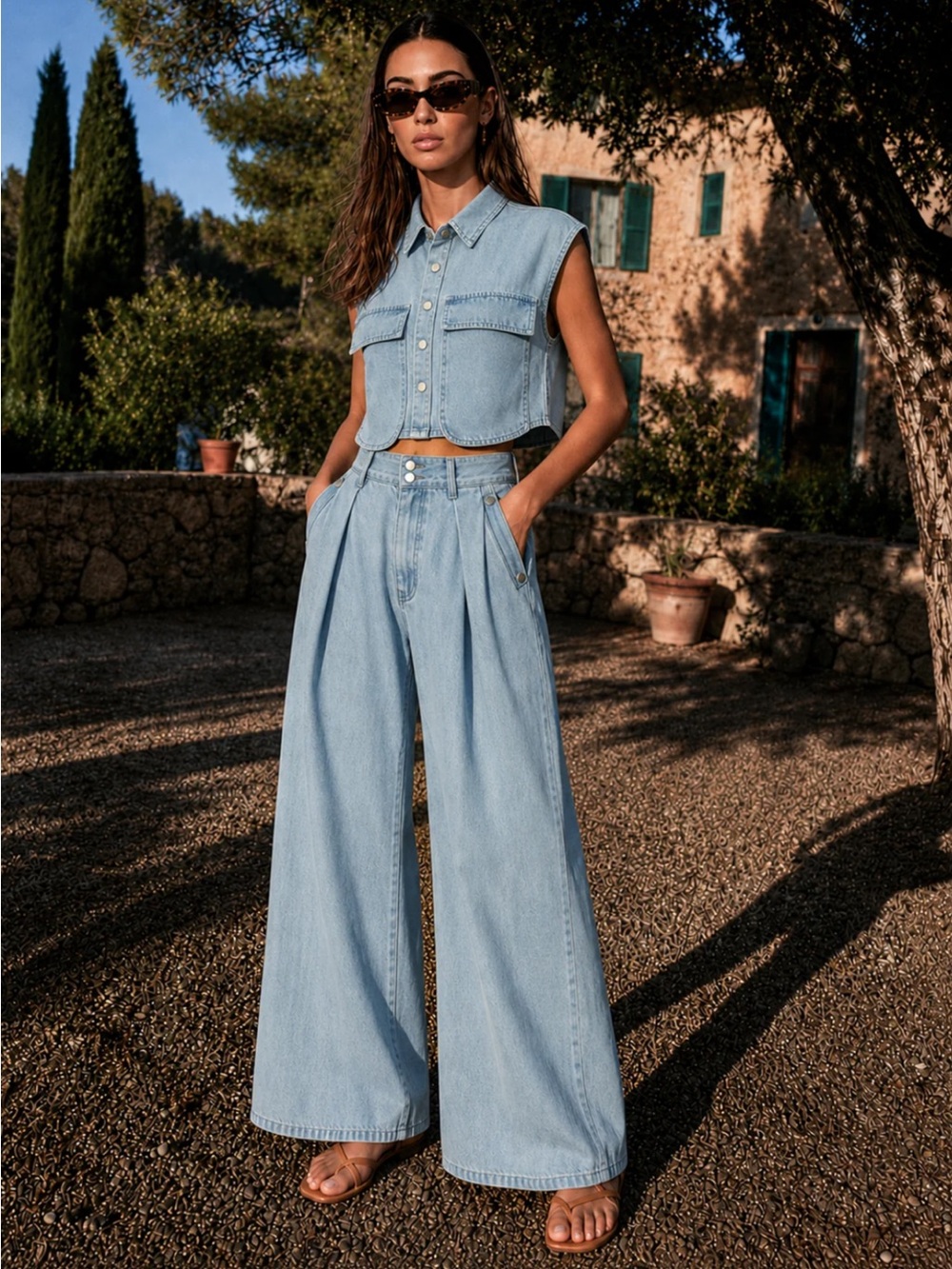 NWT Commense Sleeveless Crop Denim Top & Pleated Pants Set in Light Blue